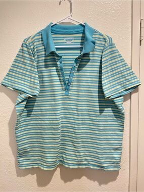 St Johns Bay Polo Shirt Womens Plus 2XL Teal Blue Green Striped Short Sleeve